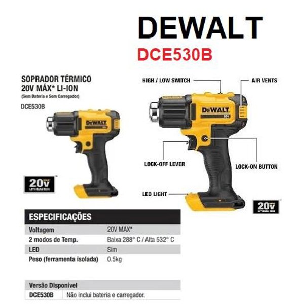 SOPRADOR TERMICO A BATERIA 20V DEWALT - DCE530B