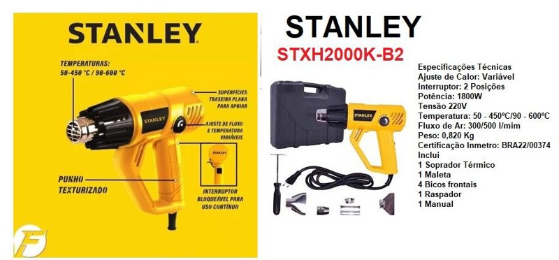 SOPRADOR TERMICO ELETRICO COM MALETA COM 1800W STANLEY - STXH2000K-B2 220V