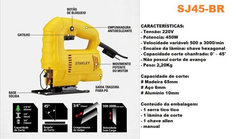 SERRA TICO TICO ELETRICA COM 450W STANLEY - SJ45-B2 220V