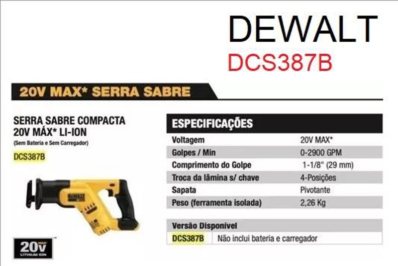 SERRA SABRE A BATERIA 20V DEWALT - DCS387B