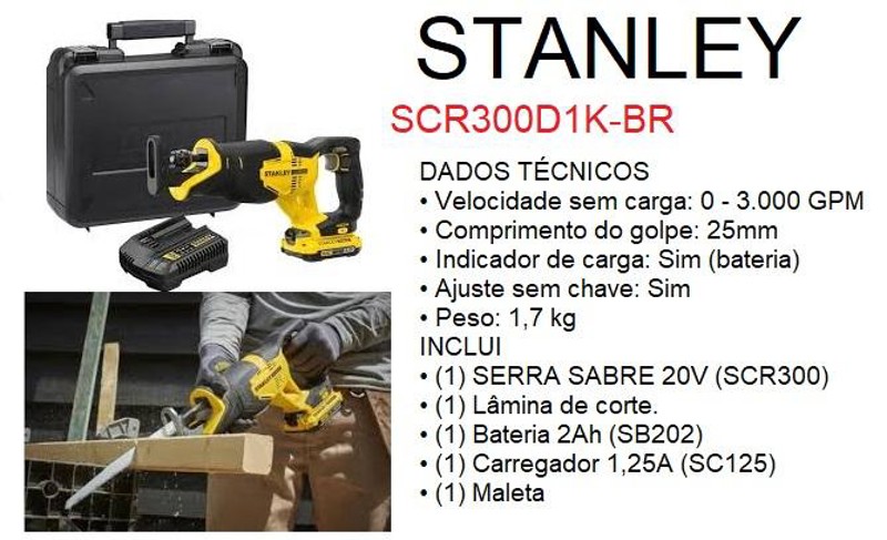 SERRA SABRE A BATERIA 20V COMPLETA COM MALETA STANLEY - SCR300D1K-BR
