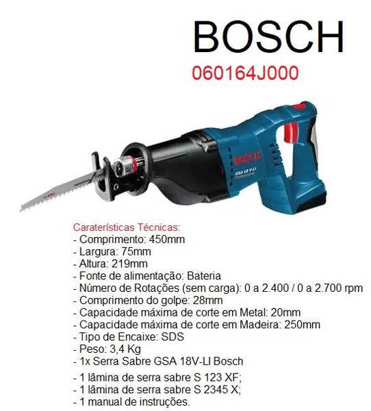 SERRA SABRE A BATERIA 18V BOSCH - GSA 18V-LI - 060164J000