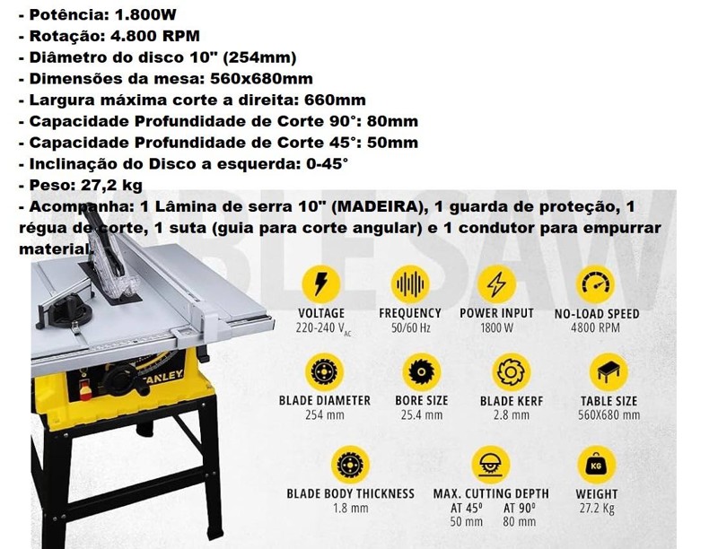 SERRA MESA BANCADA 10" COM 1800W STANLEY - SST1801-BR 127V