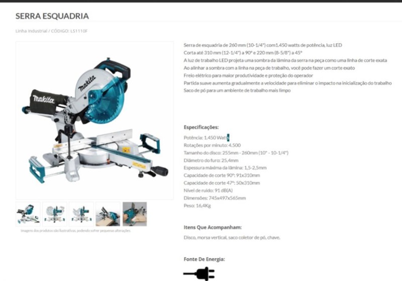 SERRA MEIA ESQUADRIA 10" COM 1450W E BRACO TELESCOPICO MAKITA - LS1110F 220V