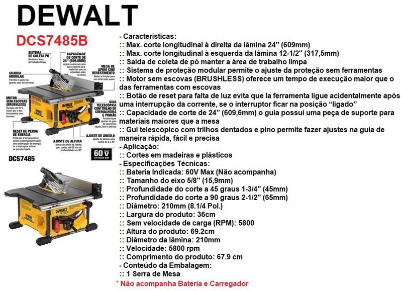 SERRA DE MESA BANCADA 10" A BATERIA 60V DEWALT - DCS7485B