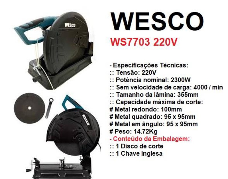SERRA DE CORTE RAPIDO 355MM COM 2300W WESCO - WS7703 220V