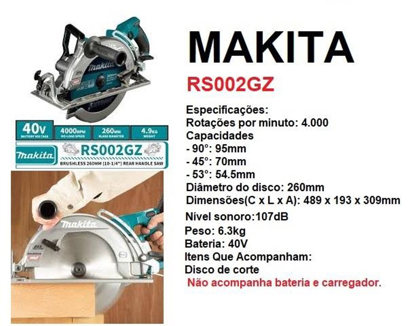 SERRA CIRCULAR 260MM A BATERIA 40V MAKITA - RS002GZ