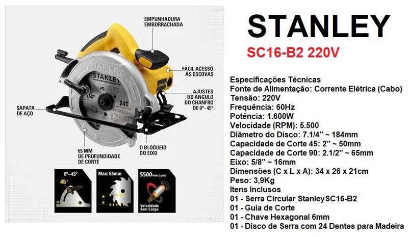 SERRA CIRCULAR 185MM COM 1600W STANLEY - SC16-B2 220V