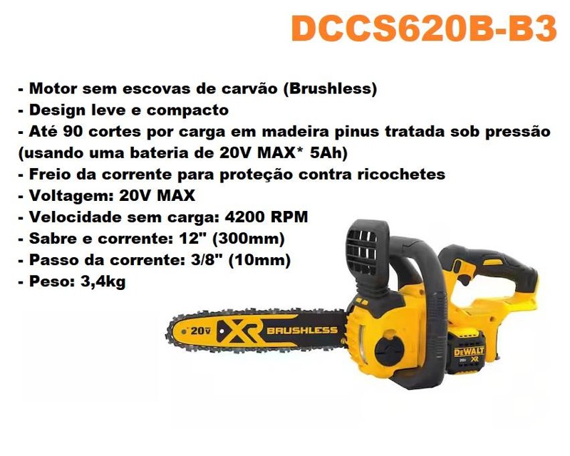 ELETROSERRA BATERIA 20V BRUSHLESS DEWALT - DCCS620B-B3