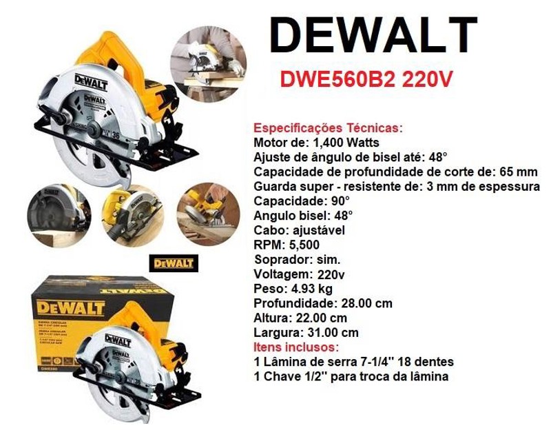 SERRA CIRCULAR 185MM COM 1400W DEWALT - DWE560B2 220V