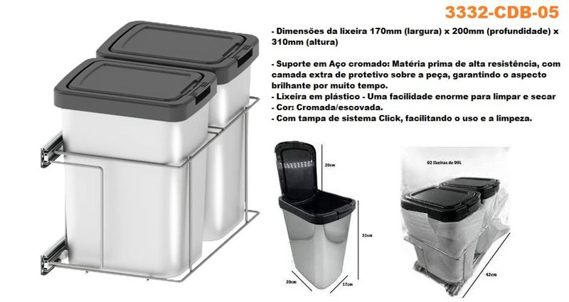 LIXEIRA DUPLA COM 09 LITROS DIMEC - ESCOVADA 3332-CDB-05