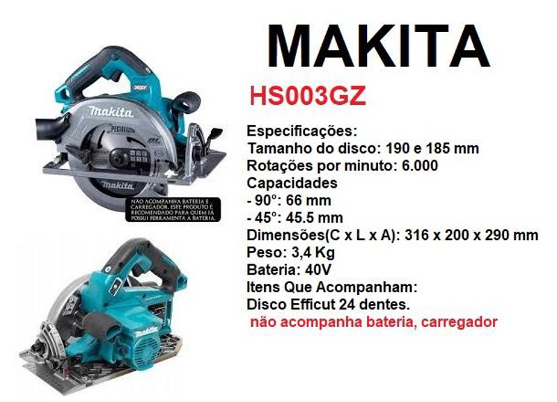 SERRA CIRCULAR 185MM A BATERIA 40V MAKITA - HS003GZ