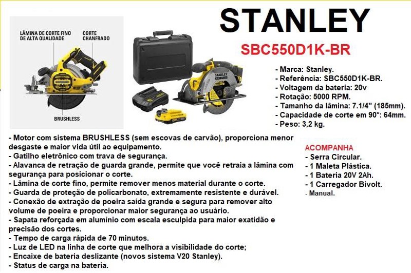 SERRA CIRCULAR 185MM A BATERIA 20V COMPLETA COM MALETA STANLEY - SBC550D1K-BR