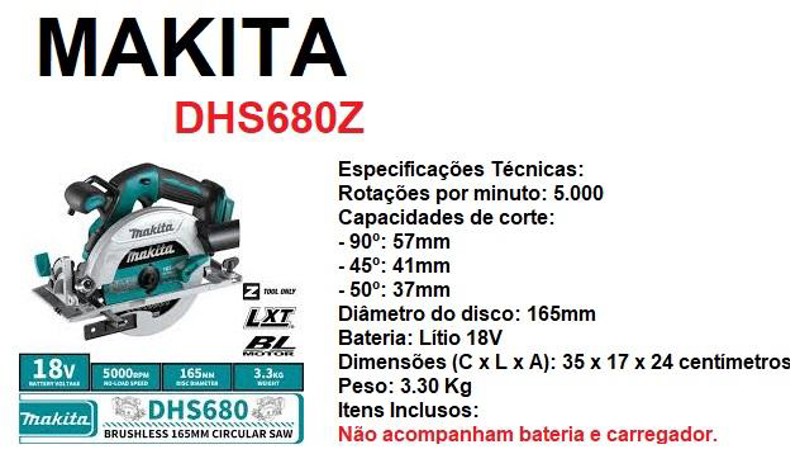 SERRA CIRCULAR 165MM A BATERIA 18V MAKITA - DHS680Z