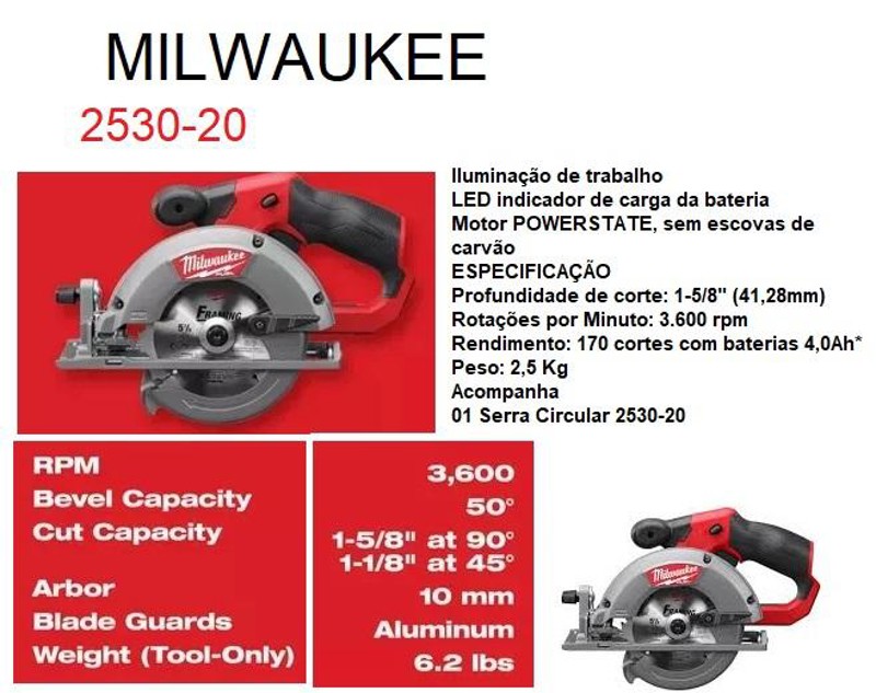 SERRA CIRCULAR 135MM A BATERIA 12V MILWAUKEE - 2530-20