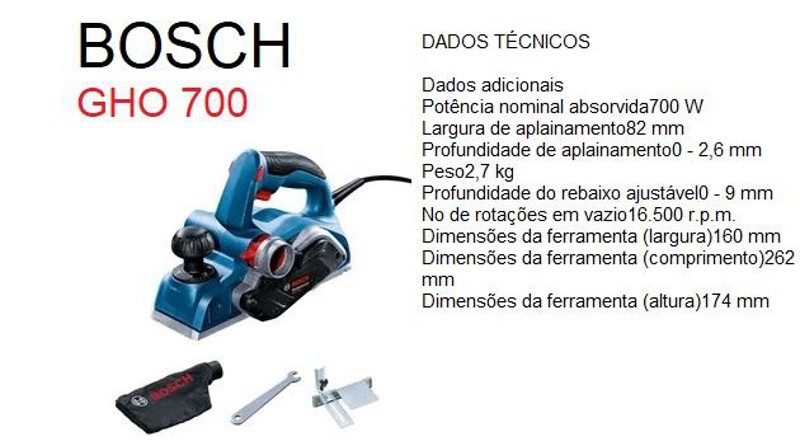 PLAINA ELETRICA 0 - 1.0MM COM 700W GHO 700 BOSCH - 220V 06015A90E0000