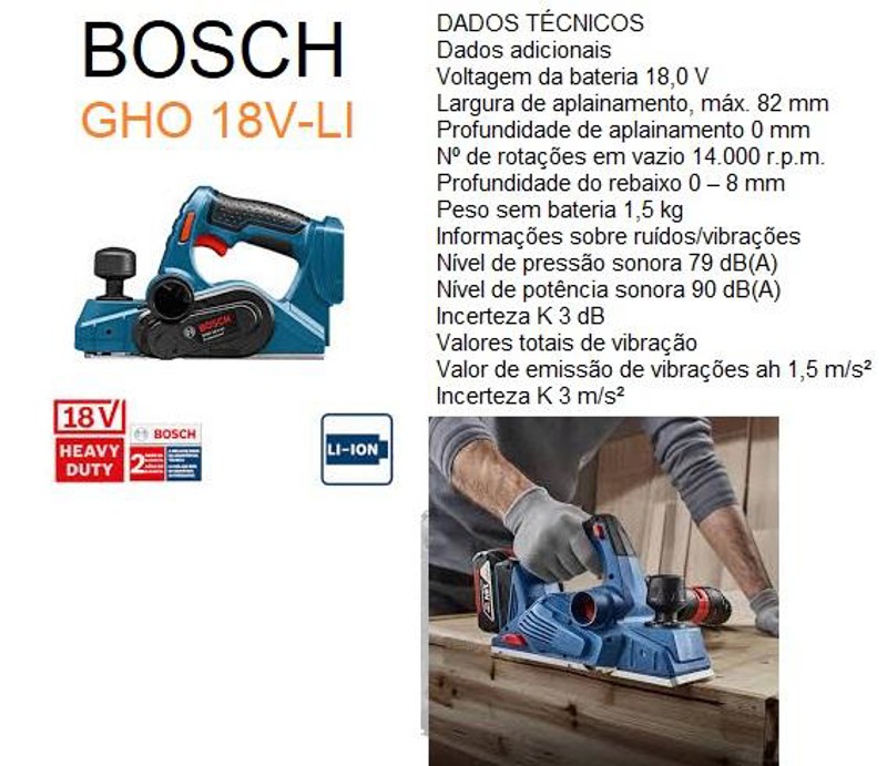 PLAINA A BATERIA 18V 82MM GHO 18V-LI BOSCH - 06015A03D0000