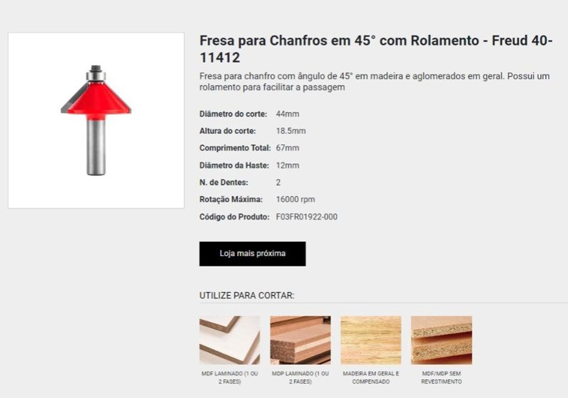 FRESA 45° DE CHANFRO COM ROLAMENTO E HASTE DE 6MM FREUD - 40-11412P