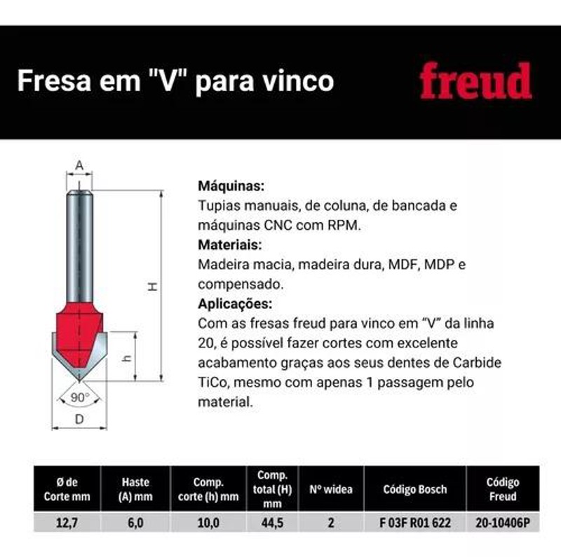 FRESA DE 90° EM "V" COM HASTE DE 6MM FREUD - 20-10406P