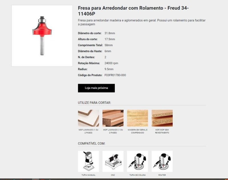 FRESA DE ARREDONDAR D-31.8MM COM ROLAMENTO E HASTE DE 6MM FREUD - 34-11406P