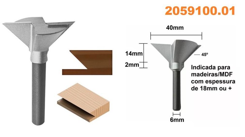 FRESA PERFIL CAVA 45° DE 40MM COM HASTE 06MM RADIX - 2059100.01