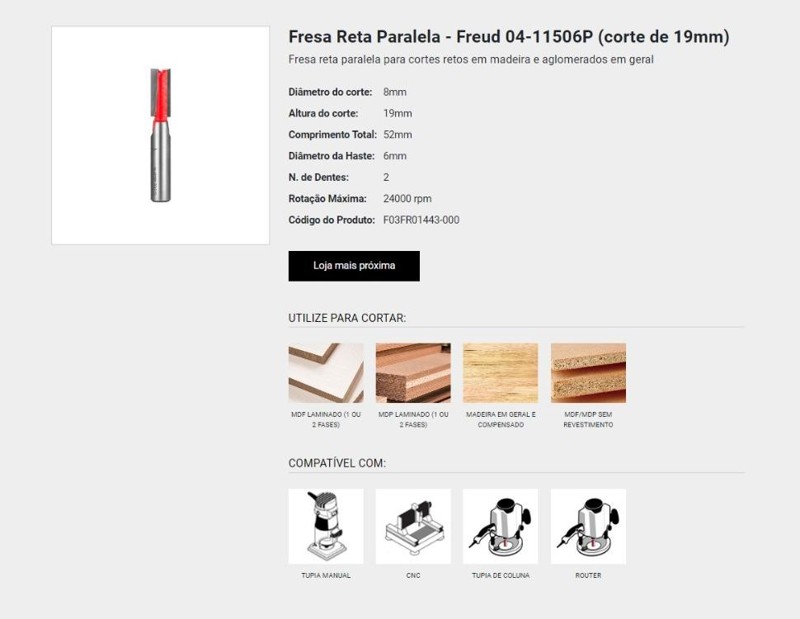 FRESA RETA DE 08MM X 19.0MM COM HASTE DE 06MM FREUD - 04-11506P