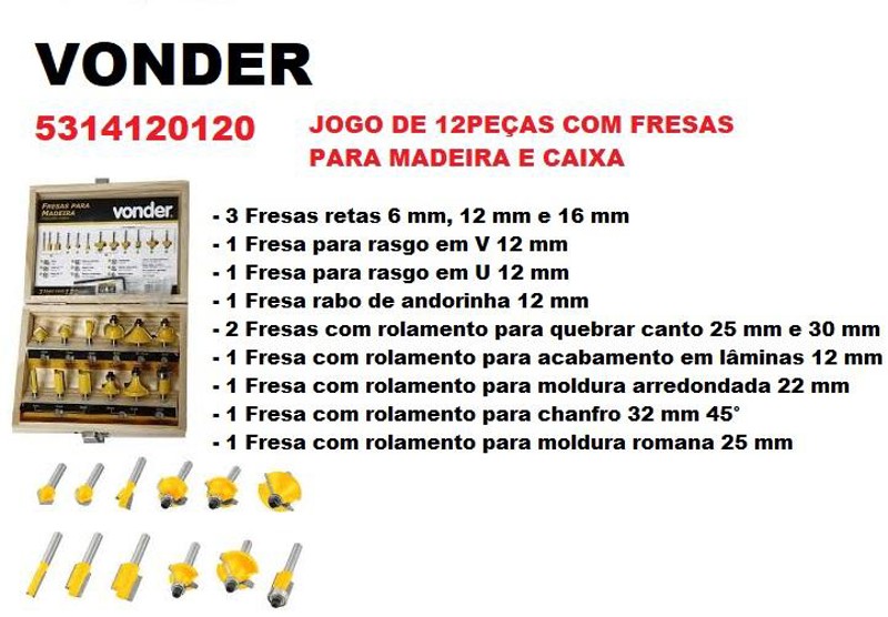 JOGO DE 12PCS COM FRESAS PARA MADEIRA E CAIXA VONDER - 53.14.12.0120