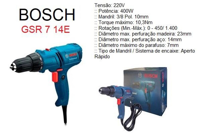 FURADEIRA 3/8'' - 10MM COM 400W - GSR 714E BOSCH - 06014470D0-000 220V