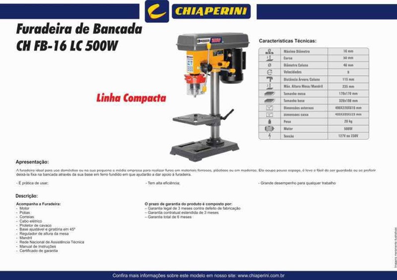 FURADEIRA BANCADA COM 500W CHIAPERINI - CH-FB16