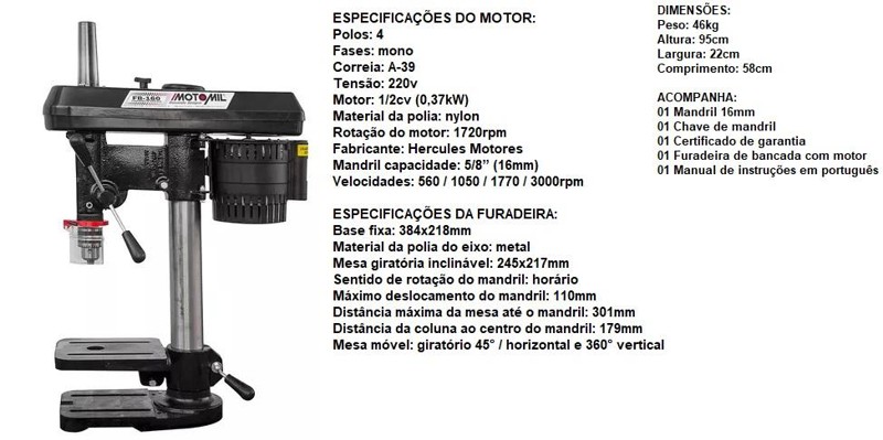 FURADEIRA BANCADA MONOFASICA DE 1/2HP COM CHAVE - FBM-160 MOTOMIL - 00039064.1