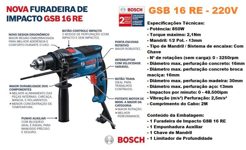 FURADEIRA BOSCH DE IMPACTO 1/2'' - 13MM COM 850W - GSB 16RE 220V