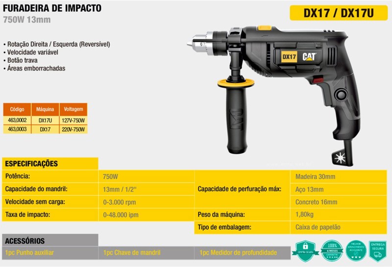 FURADEIRA CAT DE IMPACTO 1/2'' - 13MM COM 750W - 463,0003 220V