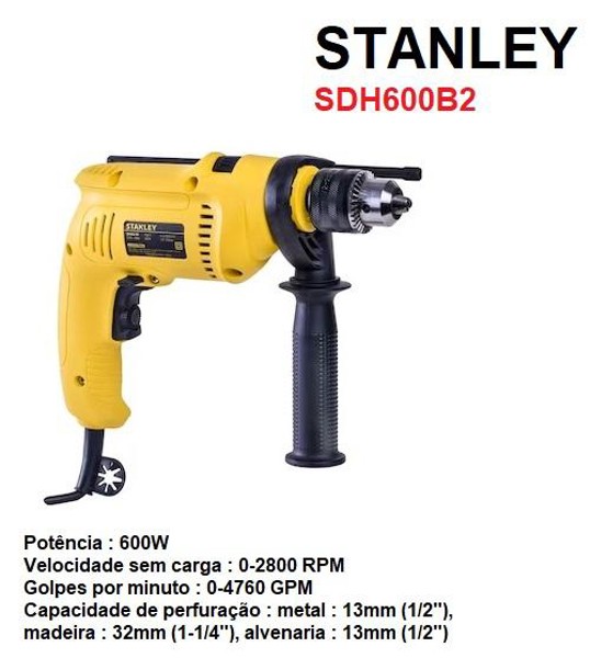 FURADEIRA DE IMPACTO 1/2'' - 13MM COM 600W STANLEY - SDH600B2 220V