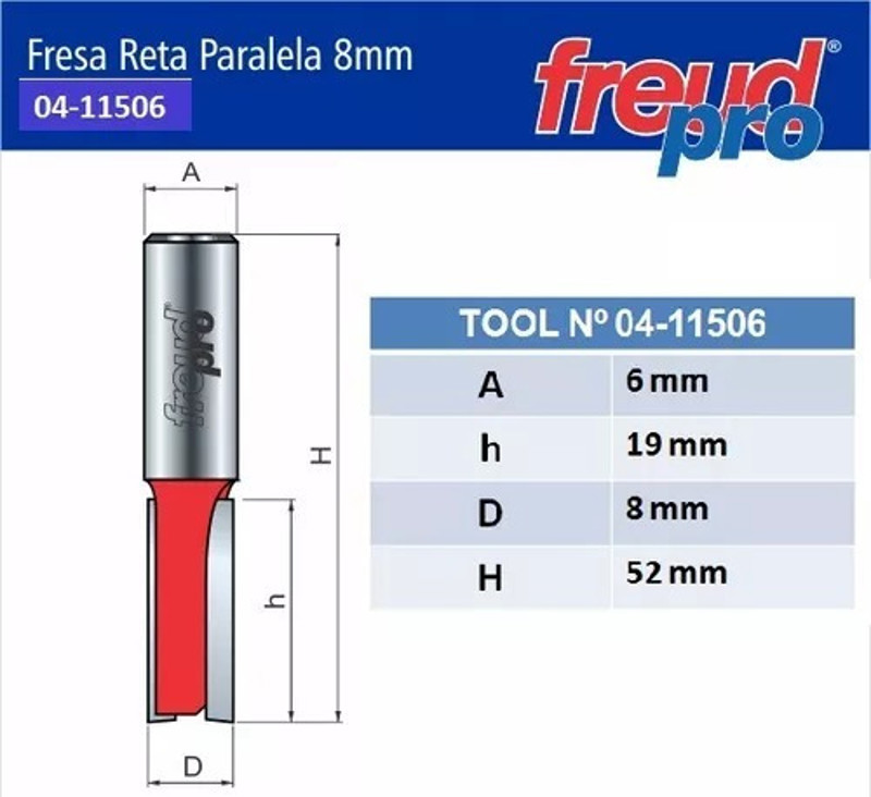 FRESA RETA DE 08MM X 19.0MM COM HASTE DE 06MM FREUD - 04-11506P