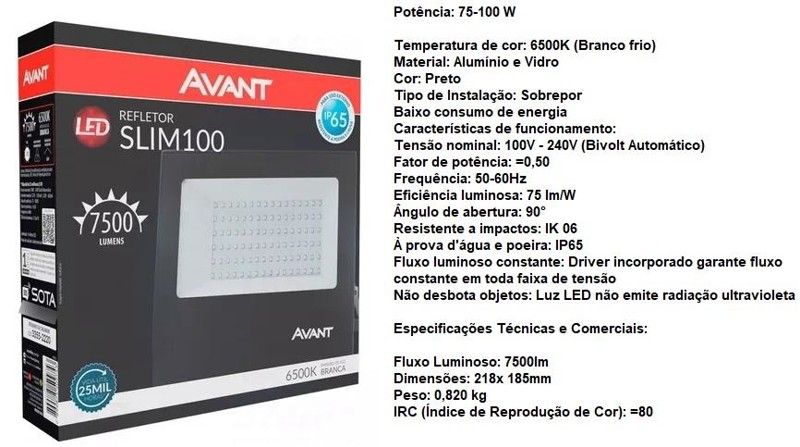 REFLETOR DE LED COM 100W PRETO - 6500K BRANCO FRIO