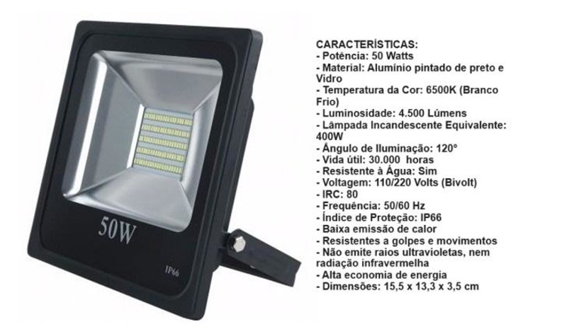 REFLETOR DE LED COM 50W PRETO - 6500K BRANCO FRIO