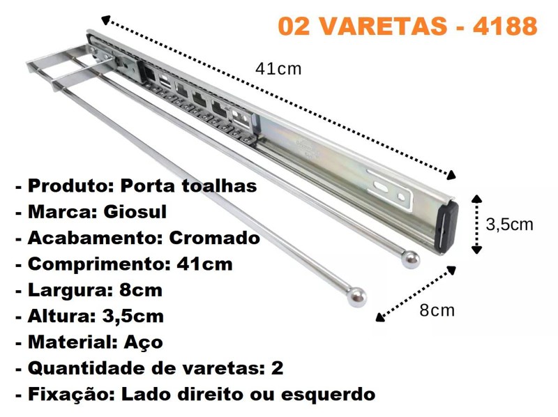 PORTA PANO DESLIZANTE COM 02 VARETAS 41CM 35X80MM GIOSUL - 4188