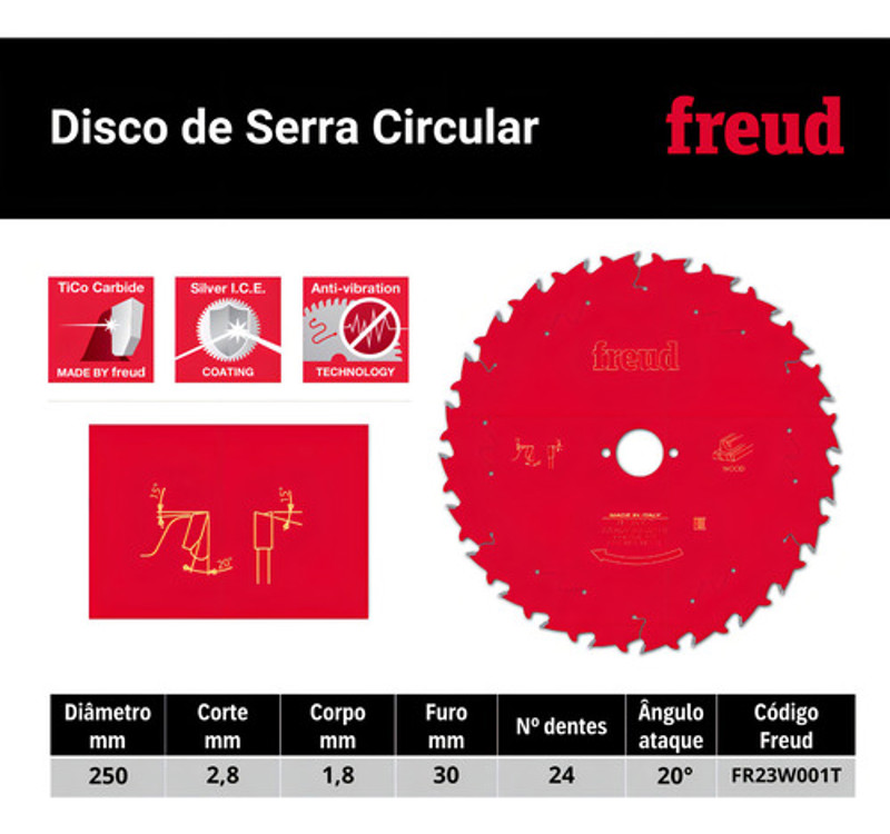 DISCO CORTE MADEIRA DE 250MM COM 24 DENTES FREUD - FR23W001T