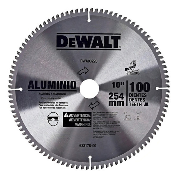 DISCO PARA ALUMINIO DE 10" 250MM COM 100 DENTES DEWALT - DWA03220