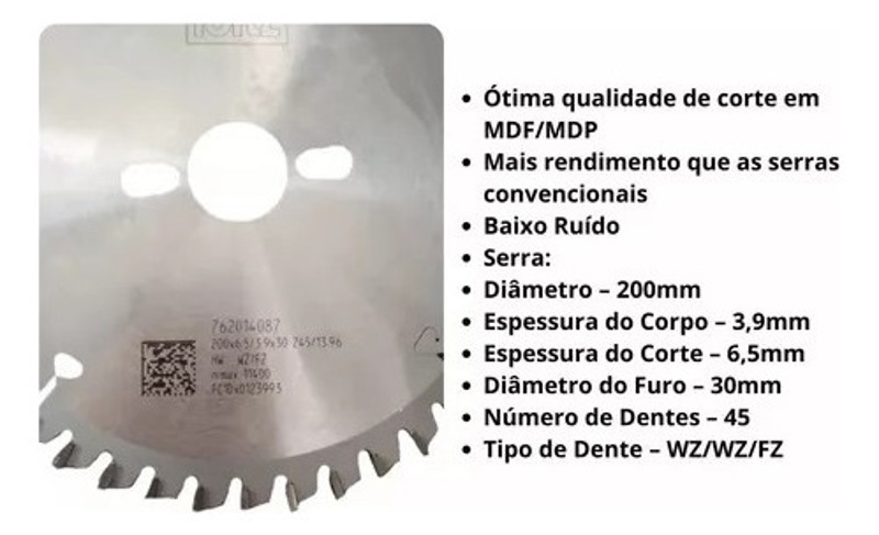 DISCO CORTE DE 200MM PARA FUNDO DE 6MM COM 45 DENTES LEITZ - 762014087