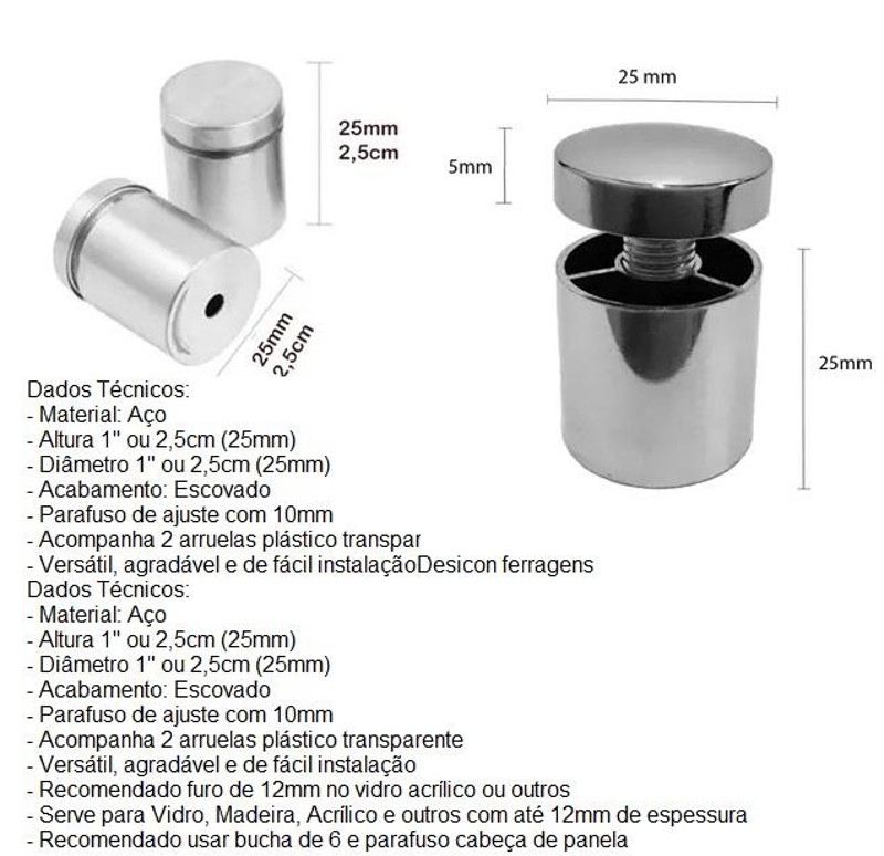ESPACADOR E LIMITADOR PARA VIDRO COM 025MM D25