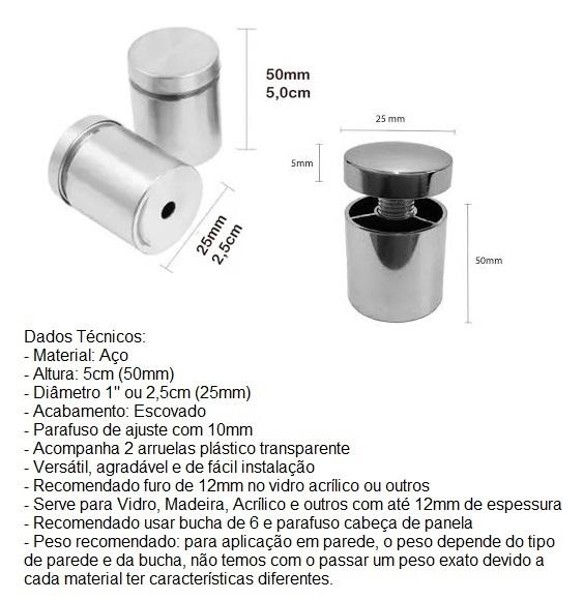 ESPACADOR E LIMITADOR PARA VIDRO COM 050MM D25