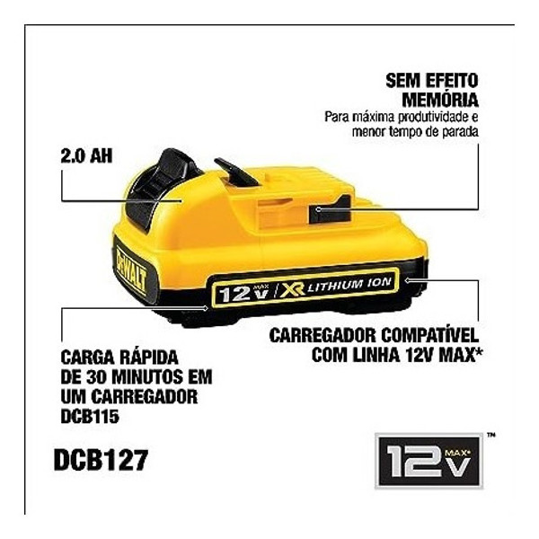 BATERIA DEWALT 12V IONLITIO COM 2.0A - DCB122 COM INDICADOR