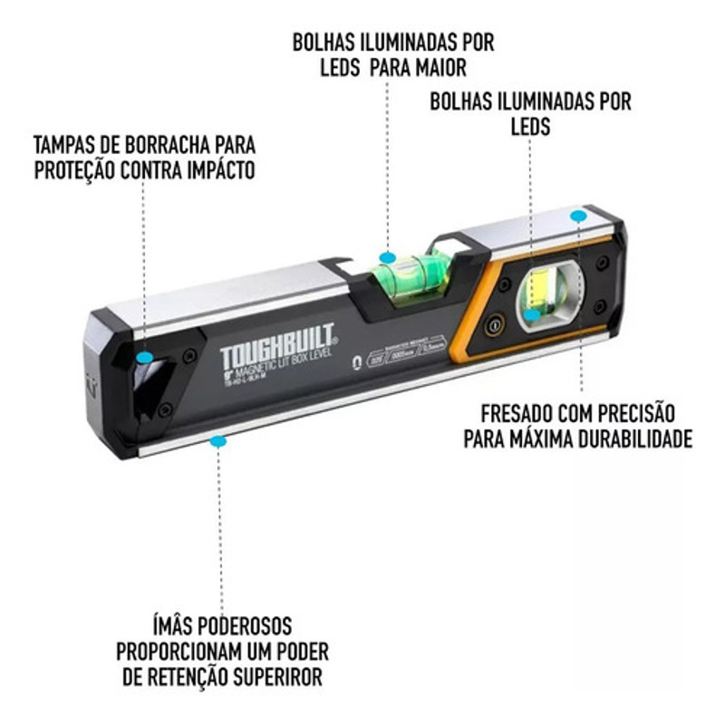 NIVEL 02 BOLHAS COM ILUMINACAO BASE MAGNETICA 9" 23CM TOUGHBUILT - TB-H2-L-9LH-M
