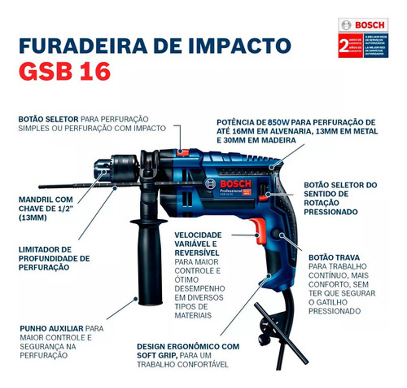 FURADEIRA BOSCH DE IMPACTO 1/2'' - 13MM COM 850W - GSB 16RE 220V