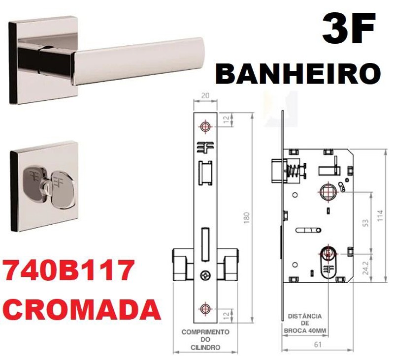 FECHADURA DE BANHEIRO "117" COM ROSETA QUADRADA 3F - 740B117CR CROMADA
