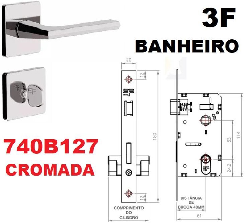 FECHADURA DE BANHEIRO "127" COM ROSETA QUADRADA 3F - 740B127CR CROMADA