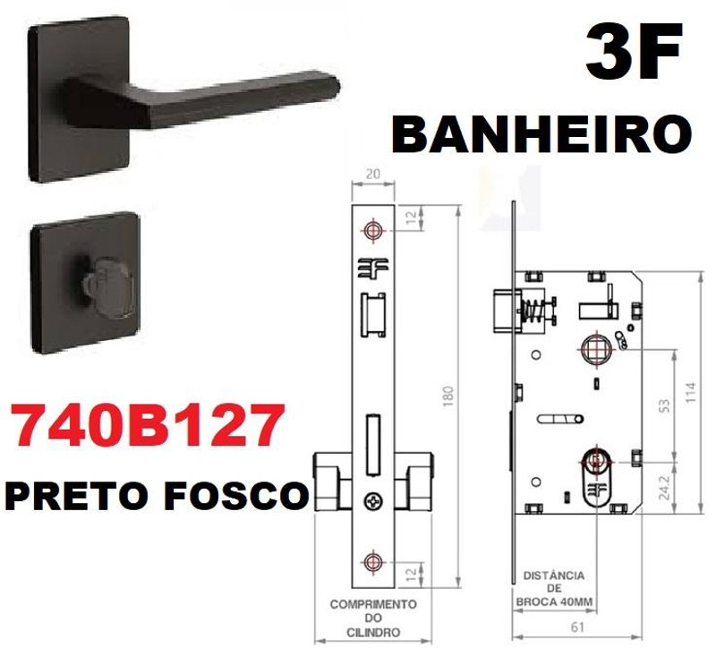 FECHADURA DE BANHEIRO "127" COM ROSETA QUADRADA 3F - 740B127PF PRETO FOSCO