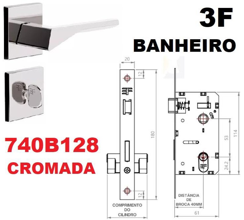 FECHADURA DE BANHEIRO "128" COM ROSETA QUADRADA 3F - 740B128CR CROMADA