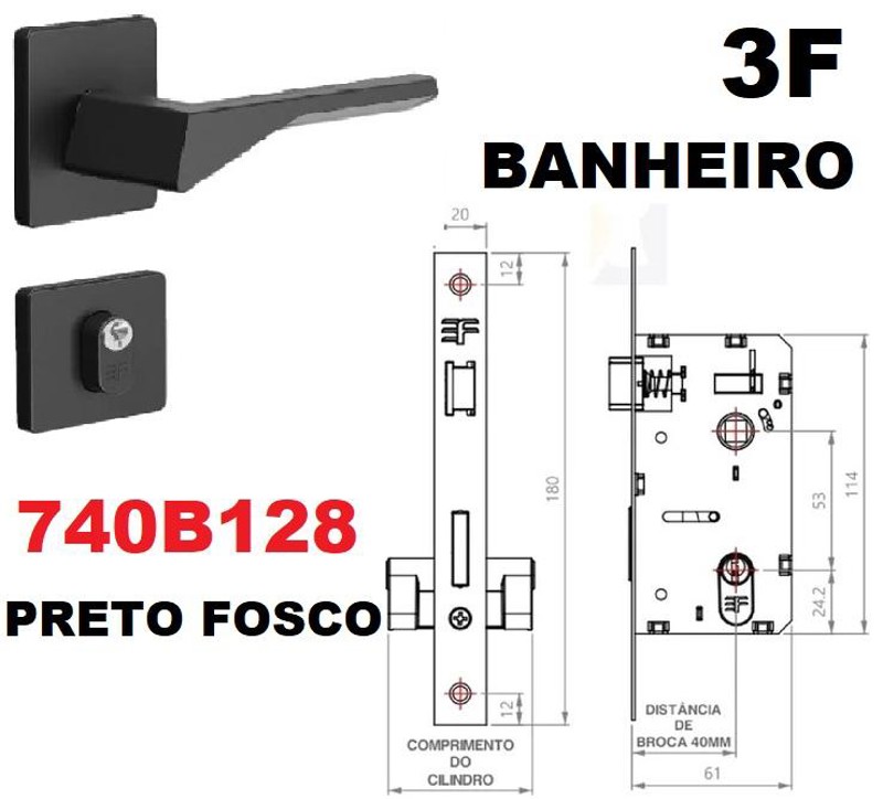 FECHADURA DE BANHEIRO "128" COM ROSETA QUADRADA 3F - 740B128PF PRETO